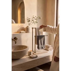 Natural Beige Marble Antique Gold Metal Double Towel Rack - 4