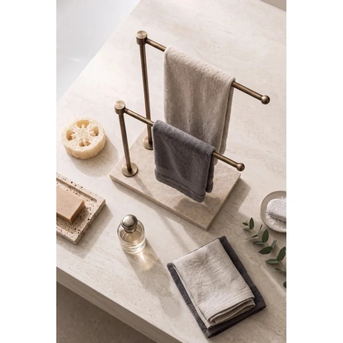 Natural Beige Marble Antique Gold Metal Double Towel Rack - 5
