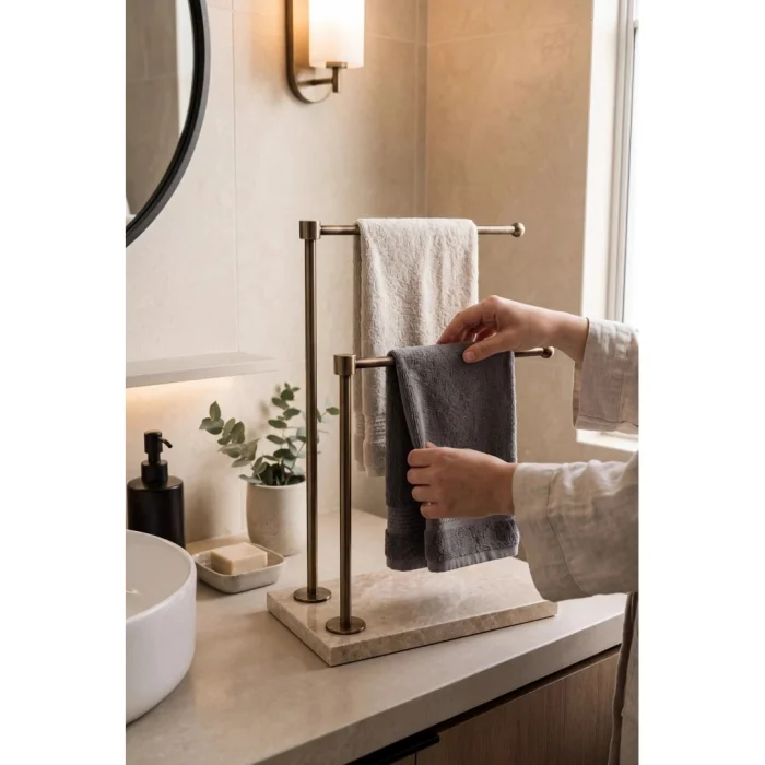 Natural Beige Marble Antique Gold Metal Double Towel Rack - 3