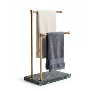 Natural Elazığ Green Marble Based Double Arm Gold Metal Towel Stand - 1