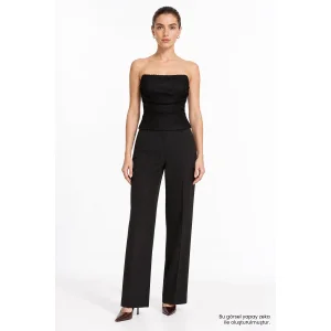 Strapless Draped Mesh Detailed Black Bustier - 1