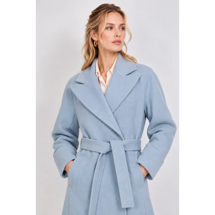 Raglan Sleeve Belted Regular Blue Coat - 4