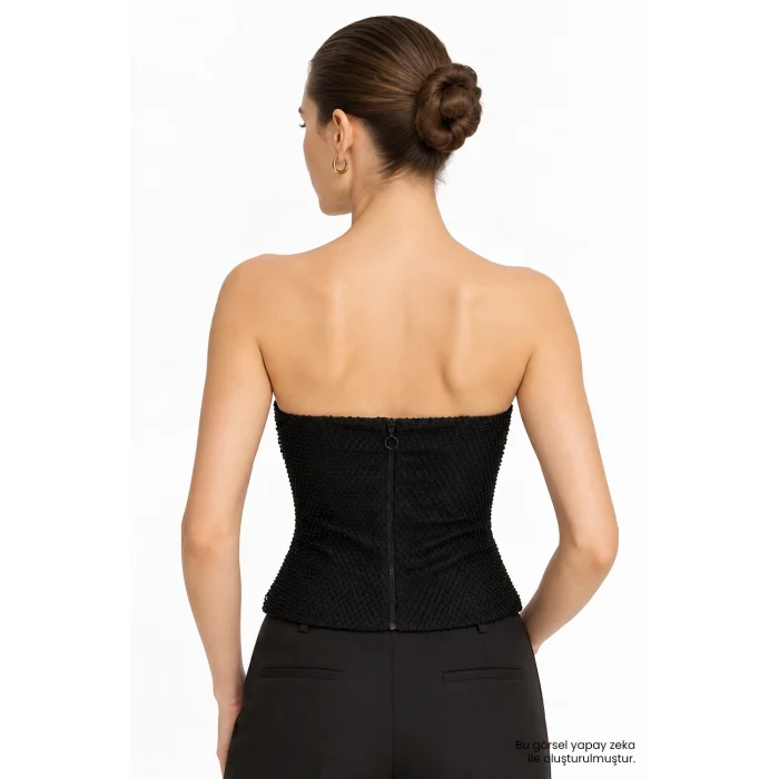 Strapless Draped Mesh Detail Black Bustier - 3