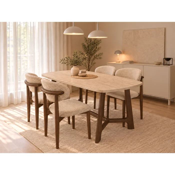 Side Travertine Patterned Oak Dining Table - 2