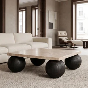 Travertine Wood Coffee Table - 3