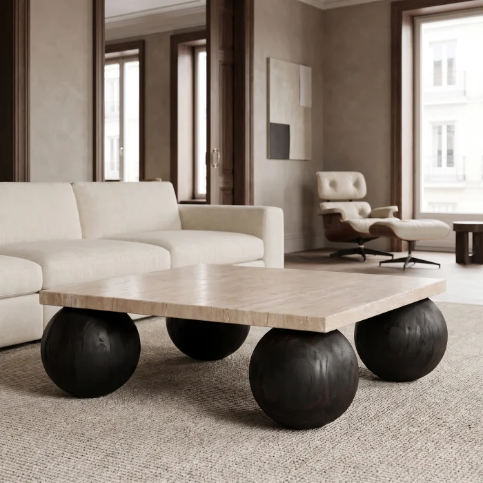 Travertine Wood Coffee Table - 3