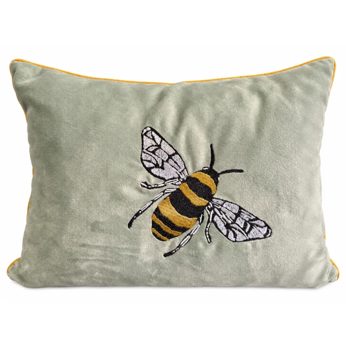 Bee Embroidered Sage Green Cushion Cover - 3