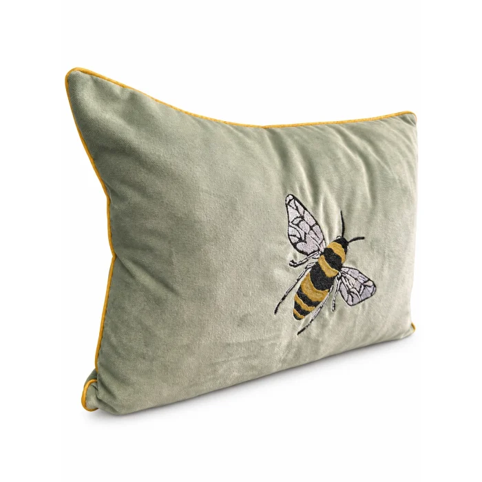 Bee Embroidered Sage Green Cushion Cover - 2