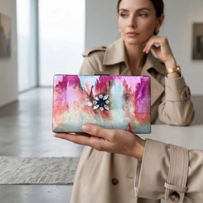 Crystal Stone Silk Fabric Clutch and Shoulder Bag - 5