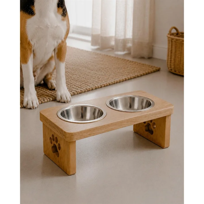 Masif Ahşap Paw Table Çiftli Mama Standı - 2