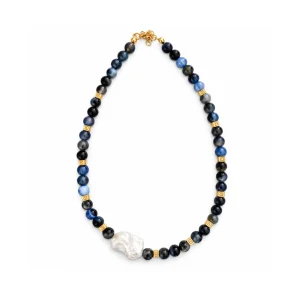 Blue Agate & Baroque Pearl Natural Stone Necklace - 1
