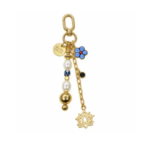 Mavi Çiçek & İnci Detaylı Gold Charm Çanta ve Telefon Aksesuarı - 1