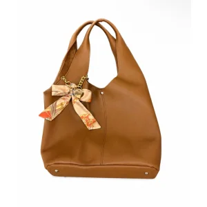 Taba %100 Deri Fular Detaylı Shopper Omuz Çantası - 1
