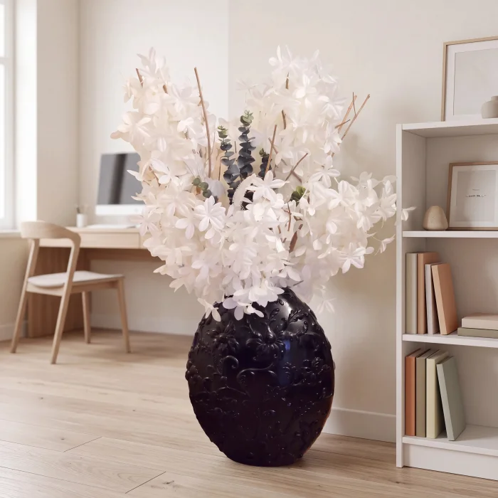 Flora Noir - Yapay Beyaz Çiçekli Dekoratif Seramik Aranjman - 2