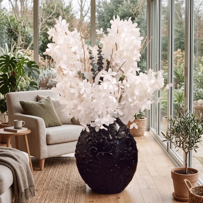 Flora Noir - Yapay Beyaz Çiçekli Dekoratif Seramik Aranjman - 3