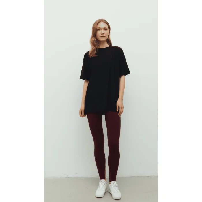Bordo Yırtmaçlı Tayt Bra Ve Siyah Oversize Tişört Set - 3