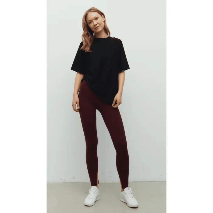 Bordo Yırtmaçlı Tayt Bra Ve Siyah Oversize Tişört Set - 2