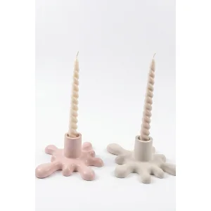 2'li Pembe-beyaz Akışkan Şamdan Ve Spiral Mum Dekoratif Set - 1