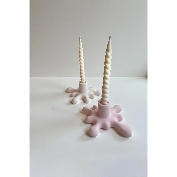 2'li Pembe-beyaz Akışkan Şamdan Ve Spiral Mum Dekoratif Set - 2