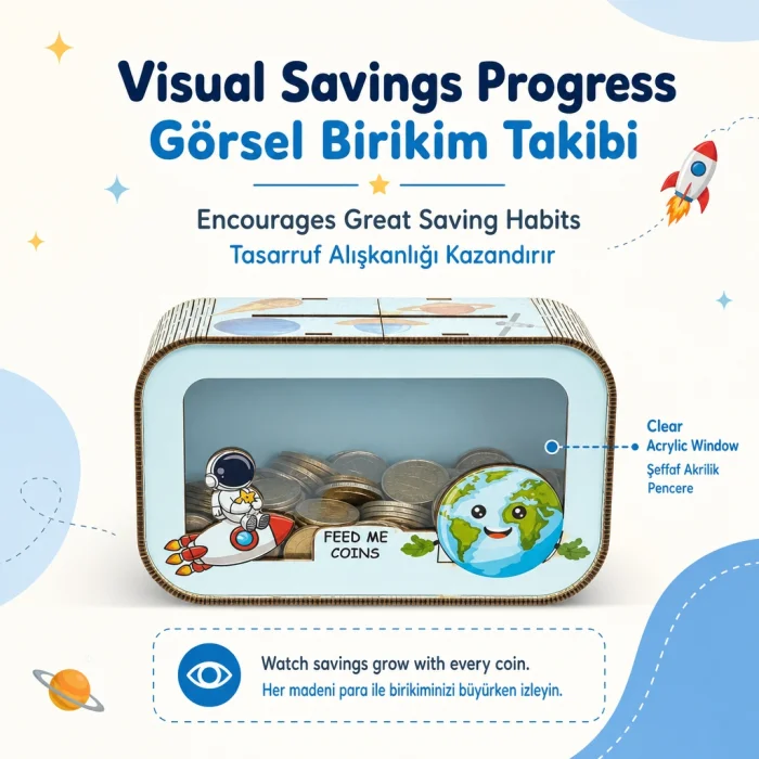 Space Dreams Uzay Temalı Ahşap Çocuk Kumbarası - 3