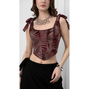 Burgundy Leaf Patterned Bustier - 2