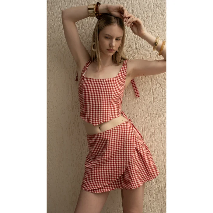 Red Gingham Patterned Bustier Top - 3