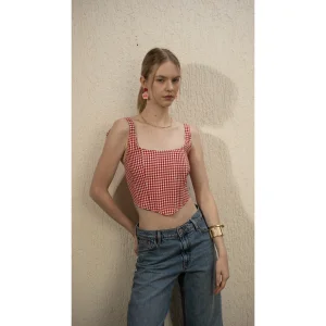 Red Gingham Patterned Bustier Top - 2