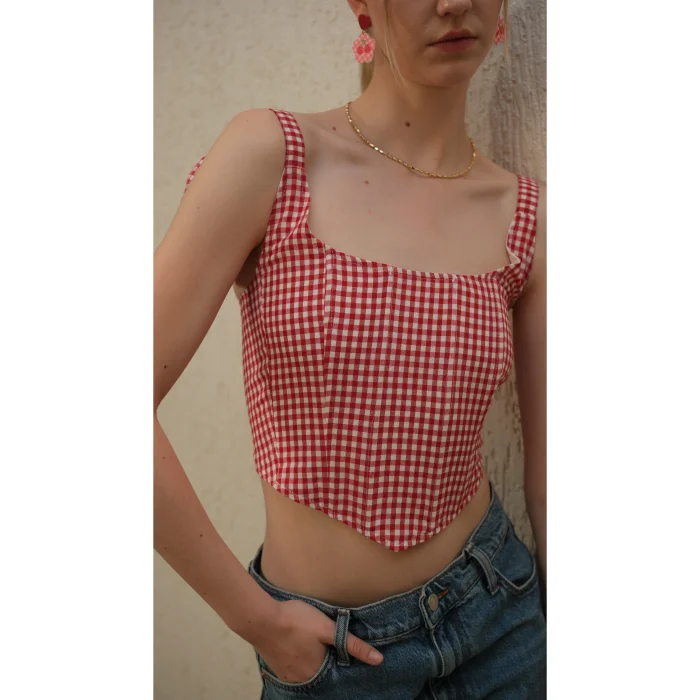 Red Gingham Patterned Bustier Top - 4