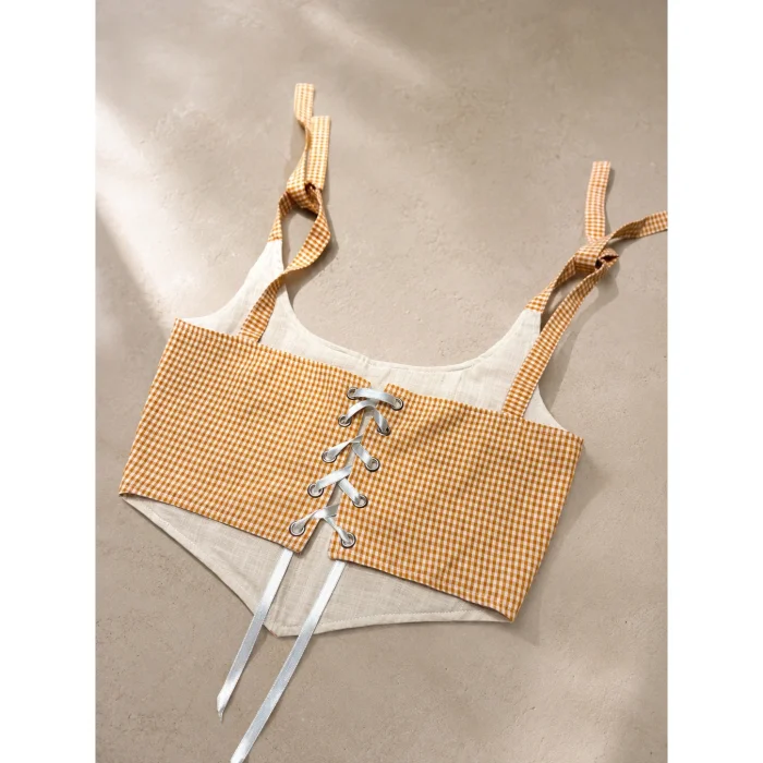 Gingham Patterned Yellow Tie-Strap Bustier - 5