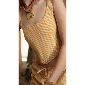 Gingham Patterned Yellow Tie-Strap Bustier - 4