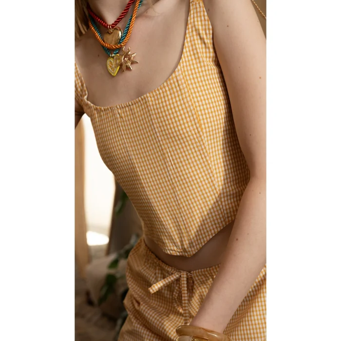 Gingham Patterned Yellow Tie-Strap Bustier - 4