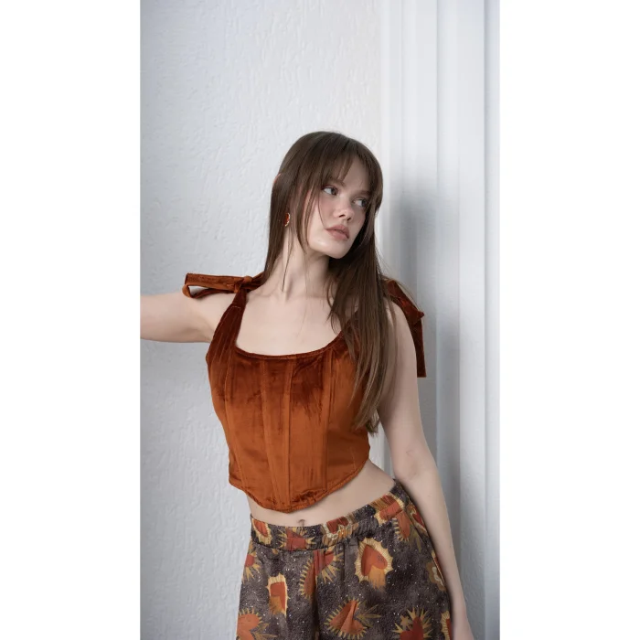 Suede Tie-Detail Orange Bustier - 3