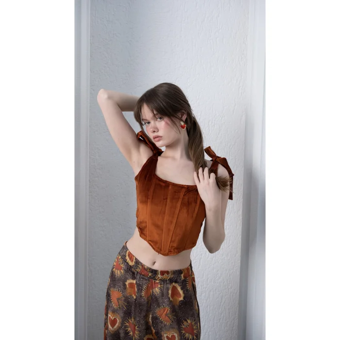 Suede Tie-Detail Orange Bustier - 2