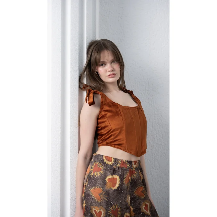 Suede Tie-Detail Orange Bustier - 5