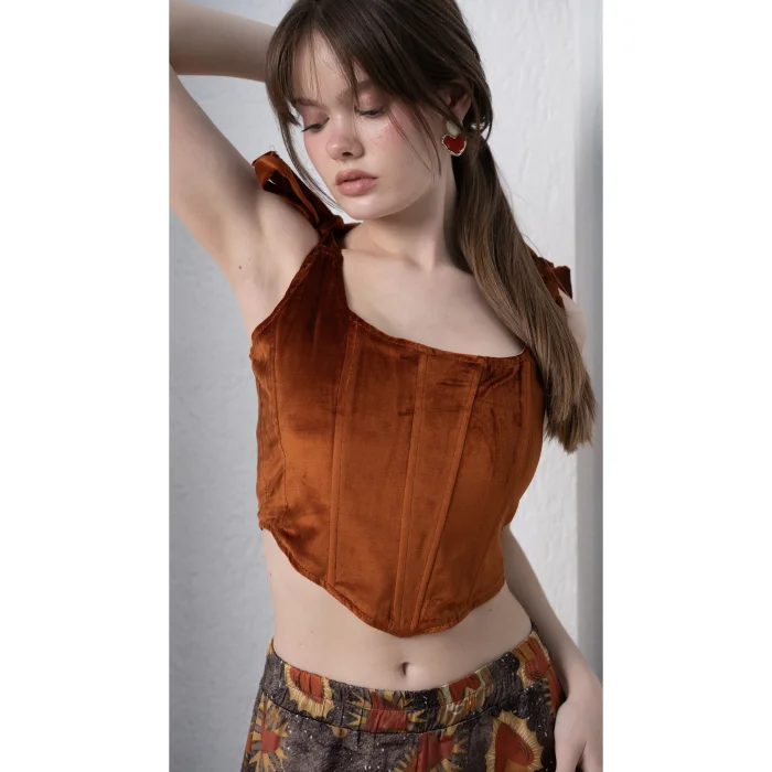 Suede Tie-Detail Orange Bustier - 6