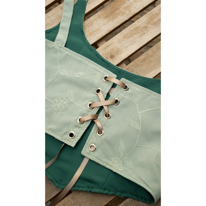Floral Embroidered Strappy Green Bustier - 3