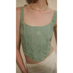 Floral Embroidered Strappy Green Bustier - 2
