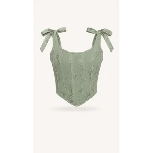 Floral Embroidered Strappy Green Bustier - 1