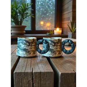 Nerikomi Siyah-Krem Stoneware Fincan Seti 2'li - 3