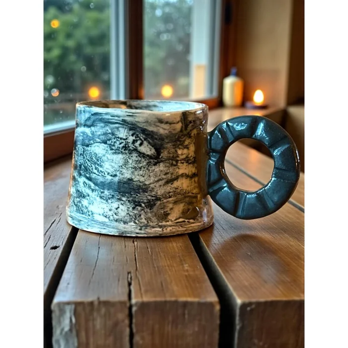 Nerikomi Siyah-Krem Stoneware Fincan Seti 2'li - 2