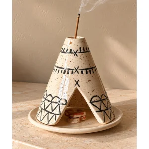 Handmade Ceramic Tent Incense Holder - White with Black Patterns