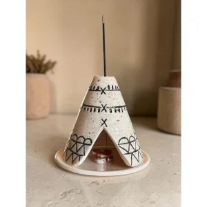 Handmade Ceramic Tent Incense Holder - White with Black Patterns - 2