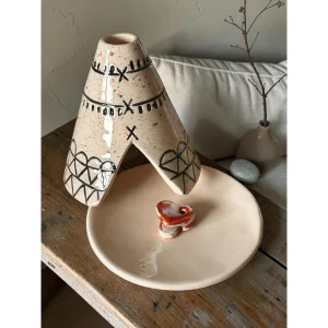 Handmade Ceramic Tent Incense Holder - White with Black Patterns - 4