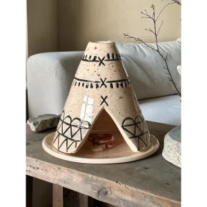 Handmade Ceramic Tent Incense Holder - White with Black Patterns - 3