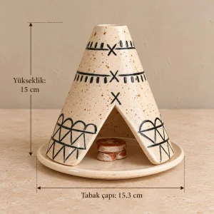 Handmade Ceramic Tent Incense Holder - White with Black Patterns - 7