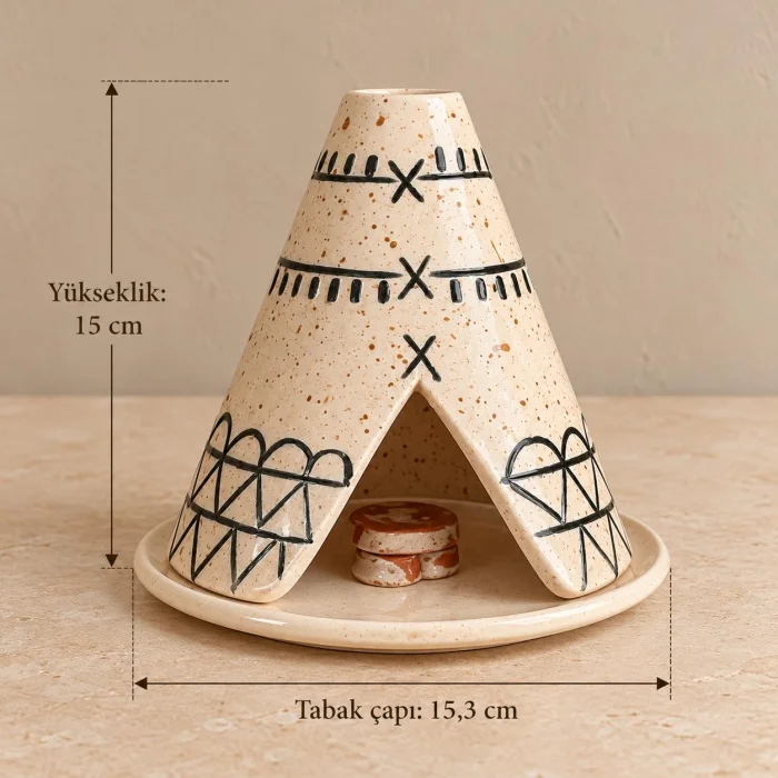 Handmade Ceramic Tent Incense Holder - White with Black Patterns - 7