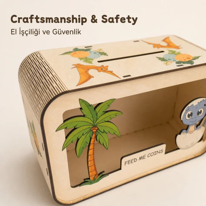 Dino Dreams Dinozor Temalı Ahşap Çocuk Kumbarası - 7