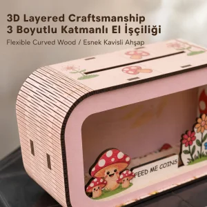 Mushroom Dreams Mantar Temalı Ahşap Çocuk Kumbarası - 5