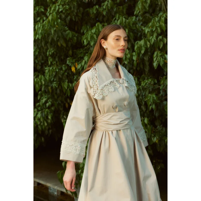 Retro Lace Detail Trench Coat - 4