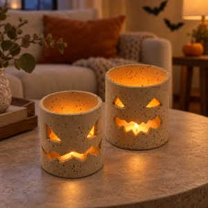Halloween Ghost Speckled Stoneware Candle Holder Set - 3